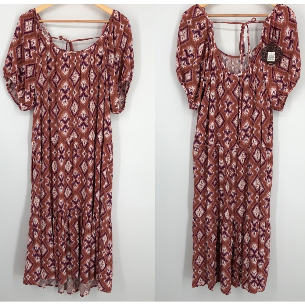 Knox Rose Womens Dress Size‎ Large Pink Tiered Scoop Neck Tie Back Midi New